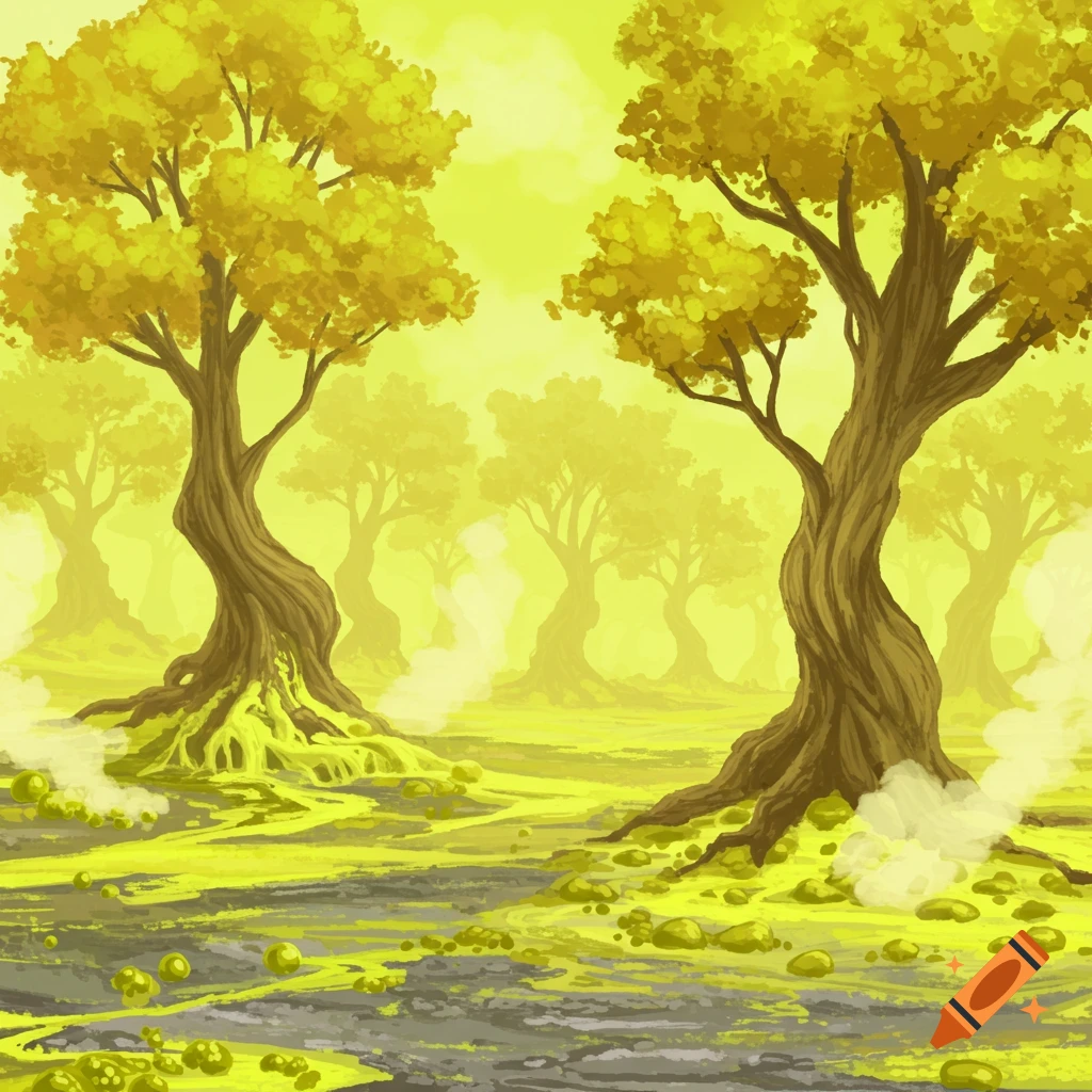 A stylized illustration of a strange yellow forest with gnarled trees and glowing green bubbles.