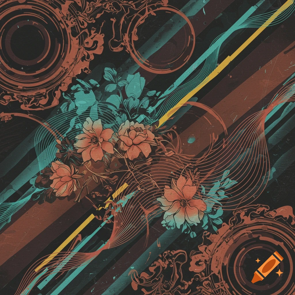 Abstract graphic design with stylized orange flowers, turquoise leaves, circles, wavy lines, and diagonal stripes on a dark background.