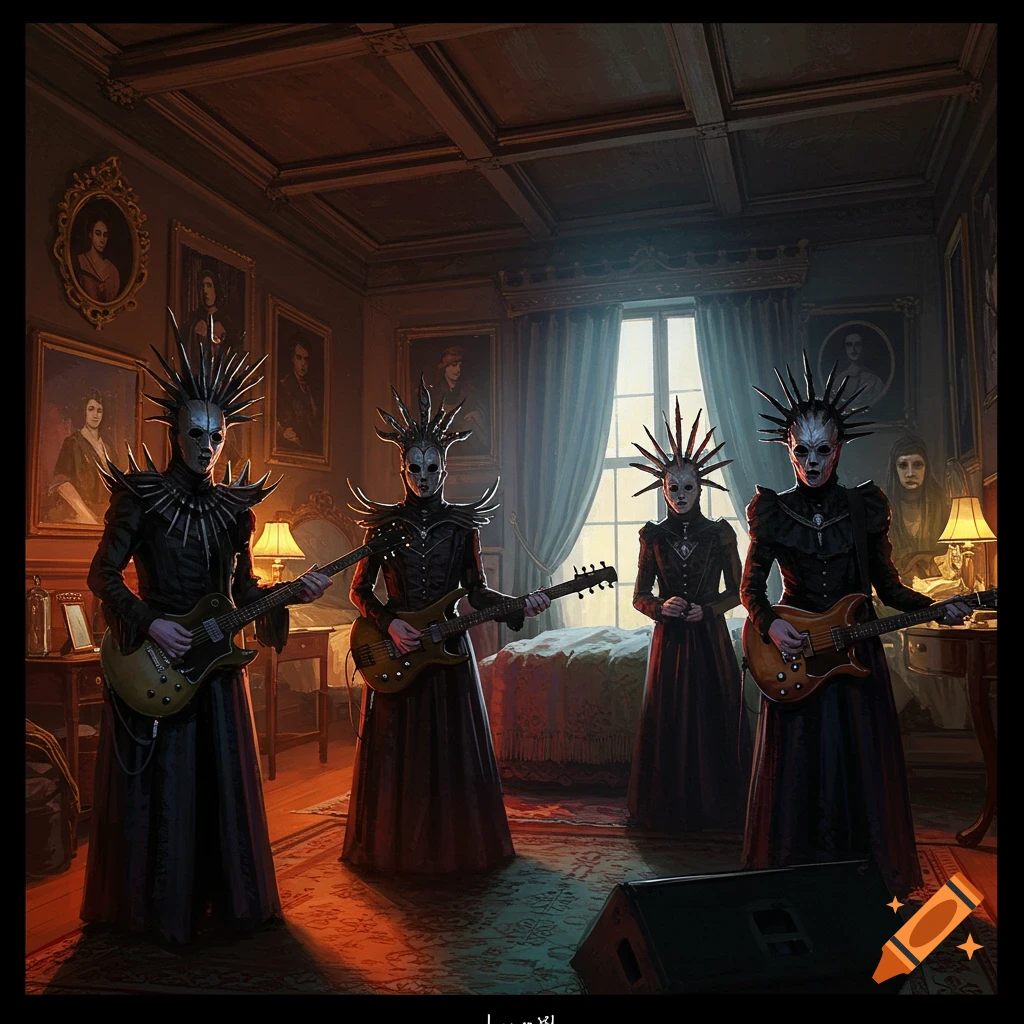 Four figures in dark, spiked masks and costumes playing guitars in a richly decorated room.
