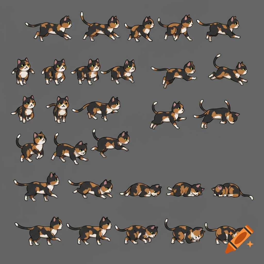 A sprite sheet featuring multiple cartoon frames of a black and tan calico cat in various poses.