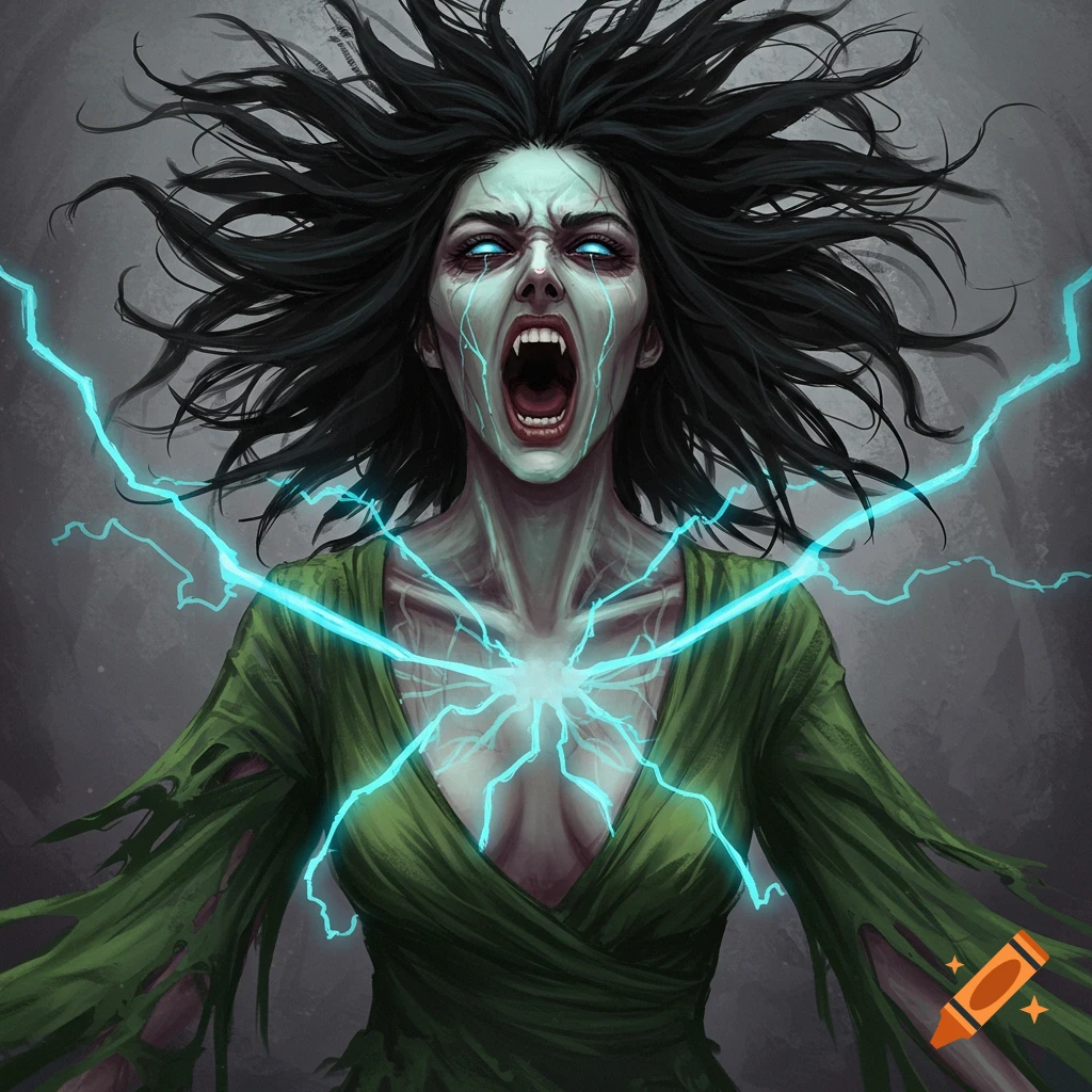Illustration of a screaming banshee woman with wild hair and lightning erupting from her chest