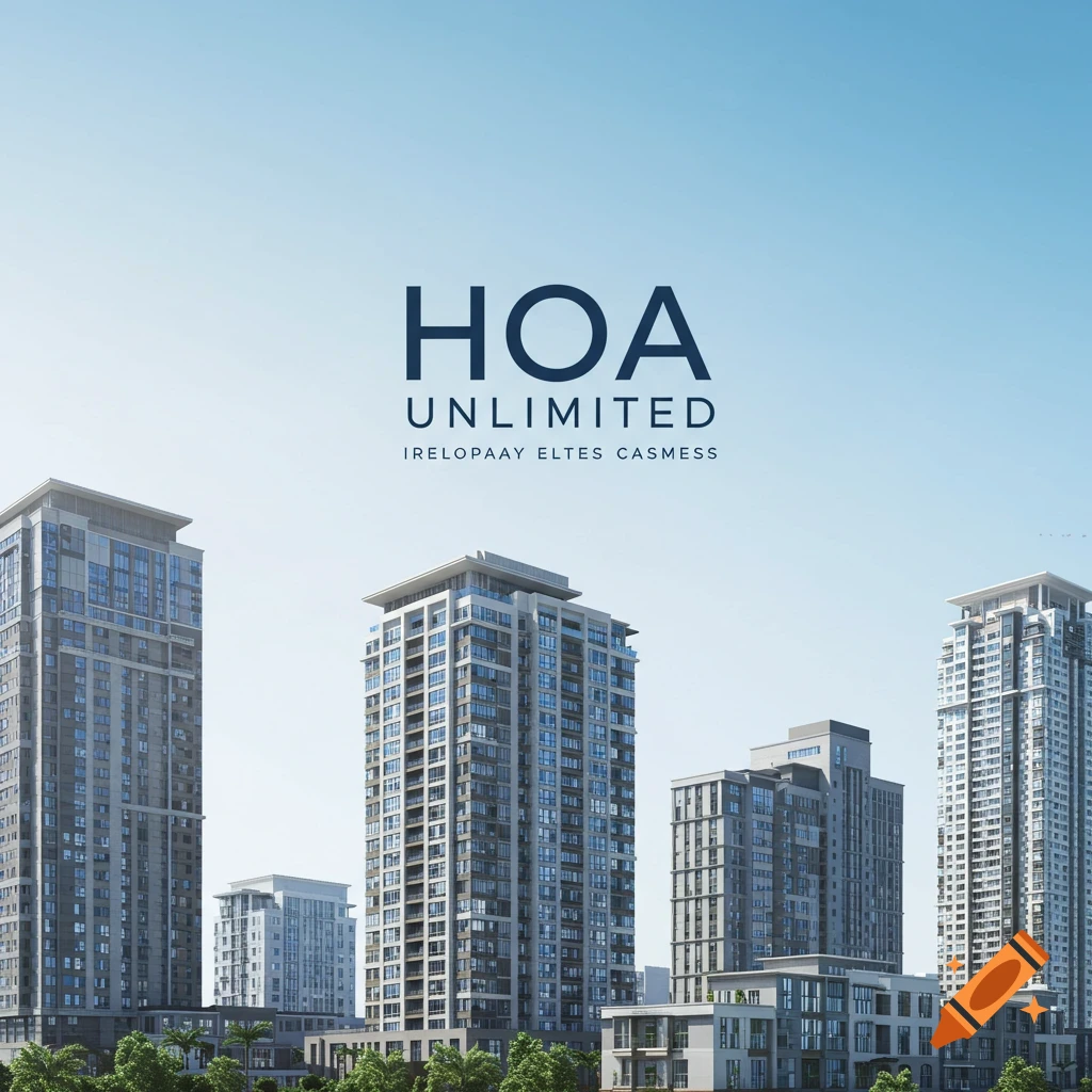 Modern city buildings with text HOA UNLIMITED