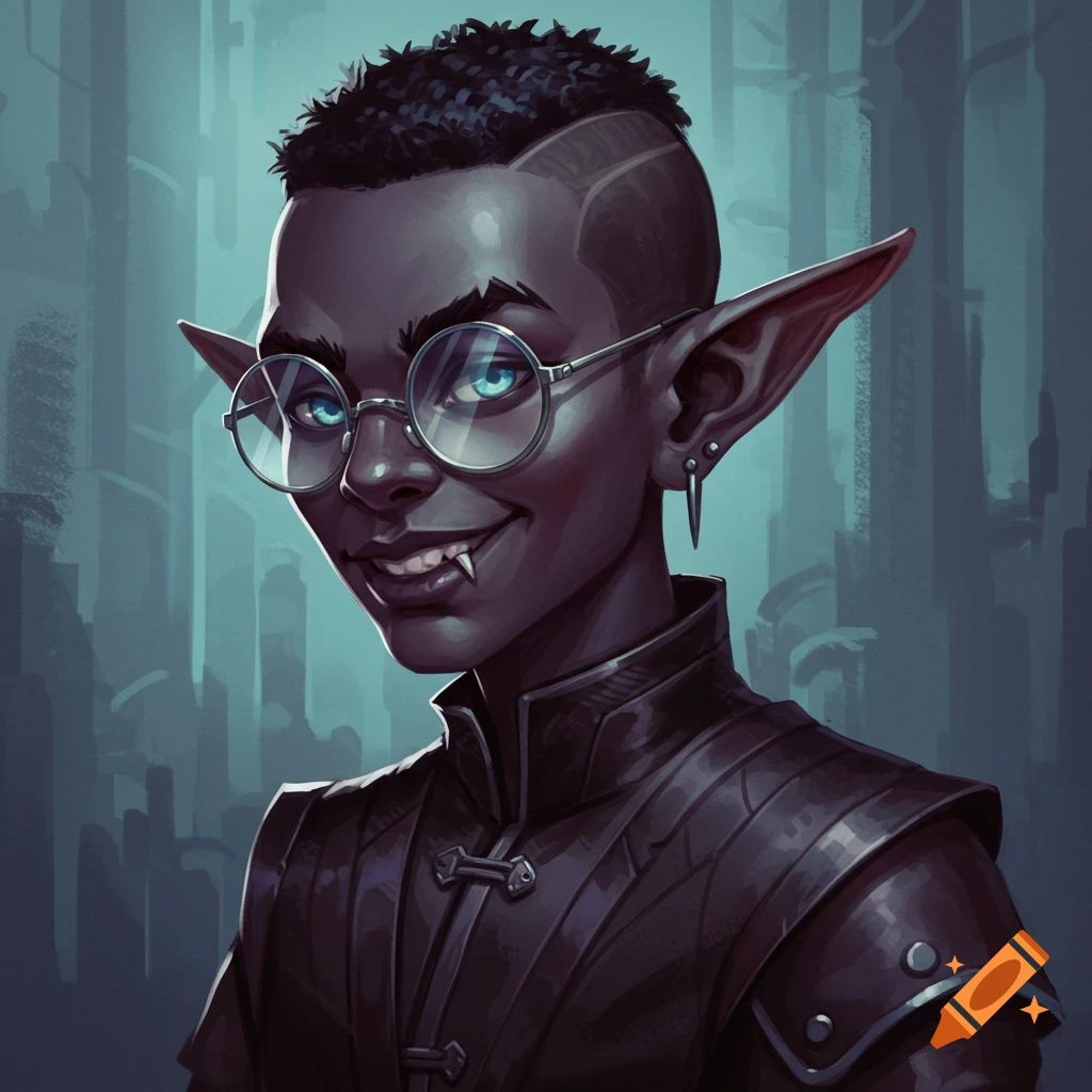 Portrait of a dark-skinned goblin elf with glasses, fangs, and a buzz cut against a blurred city background.
