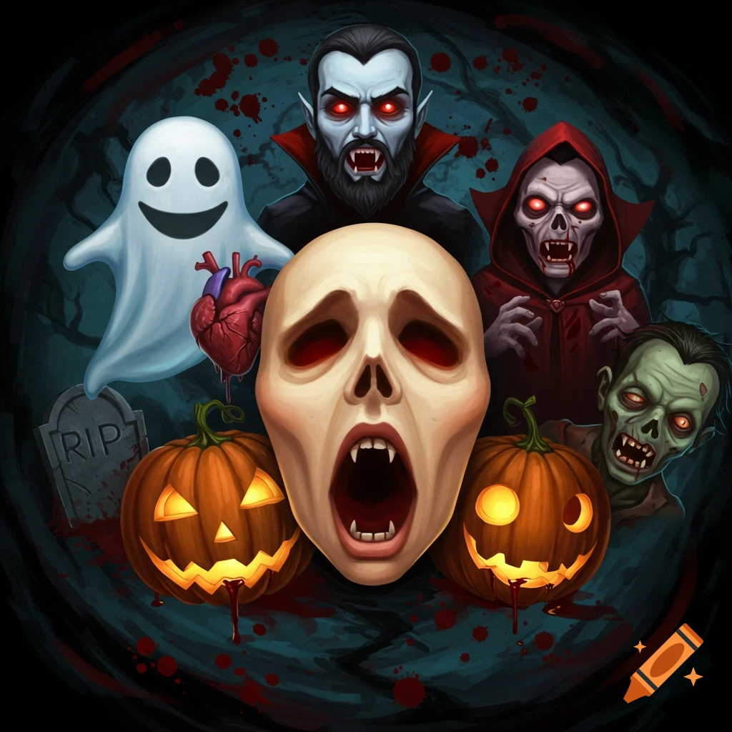 An illustration of Halloween monsters including a ghost, vampire, zombie, screaming skull, pumpkins, tombstone, and heart.