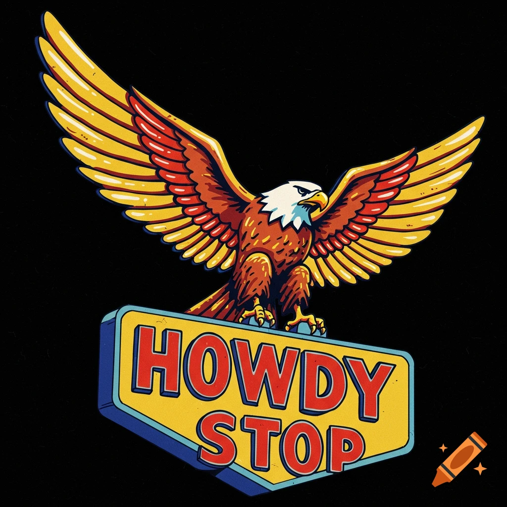 Retro illustration of an eagle perched on a sign that says HOWDY STOP