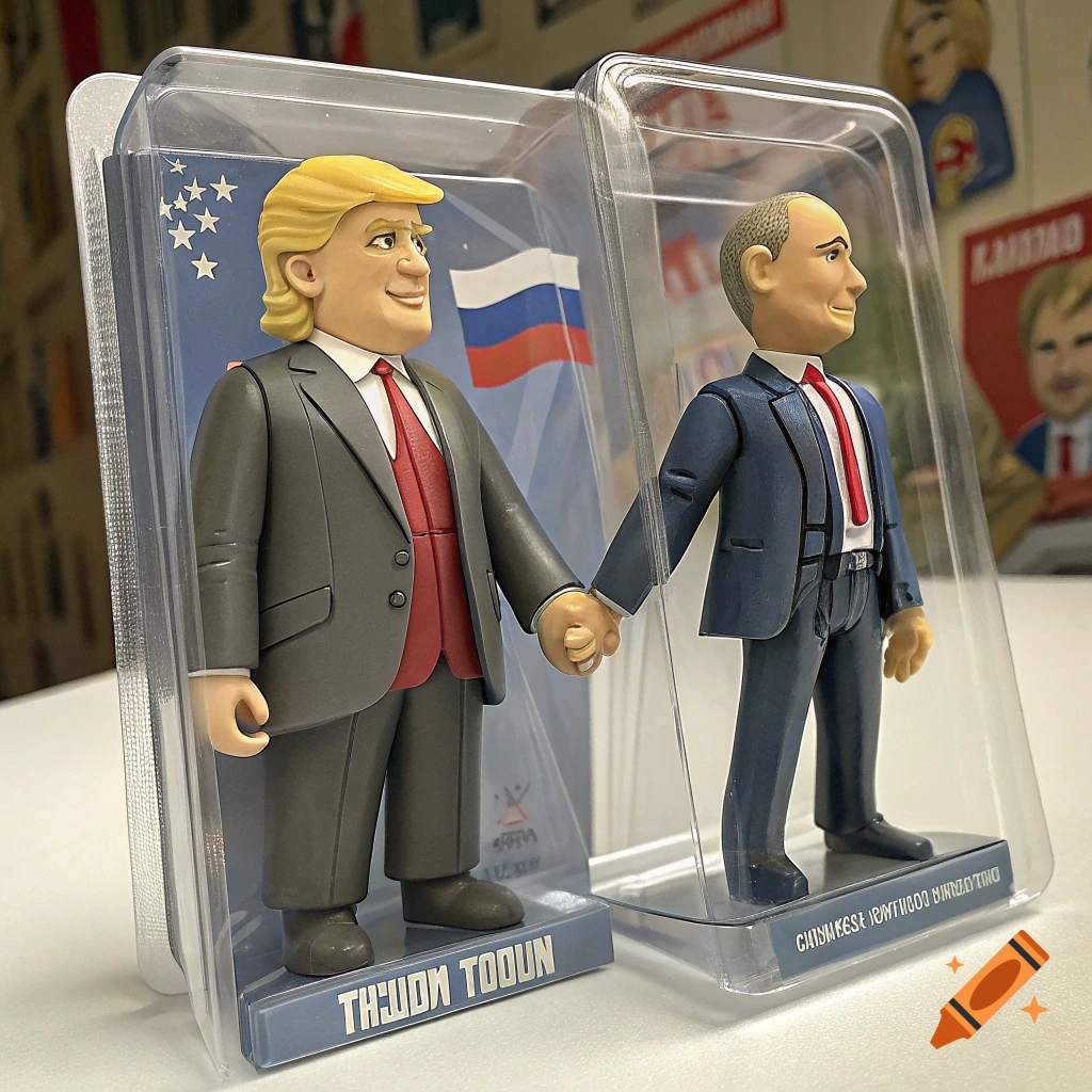 Action figures resembling Donald Trump and Vladimir Putin holding hands, inside plastic packaging.
