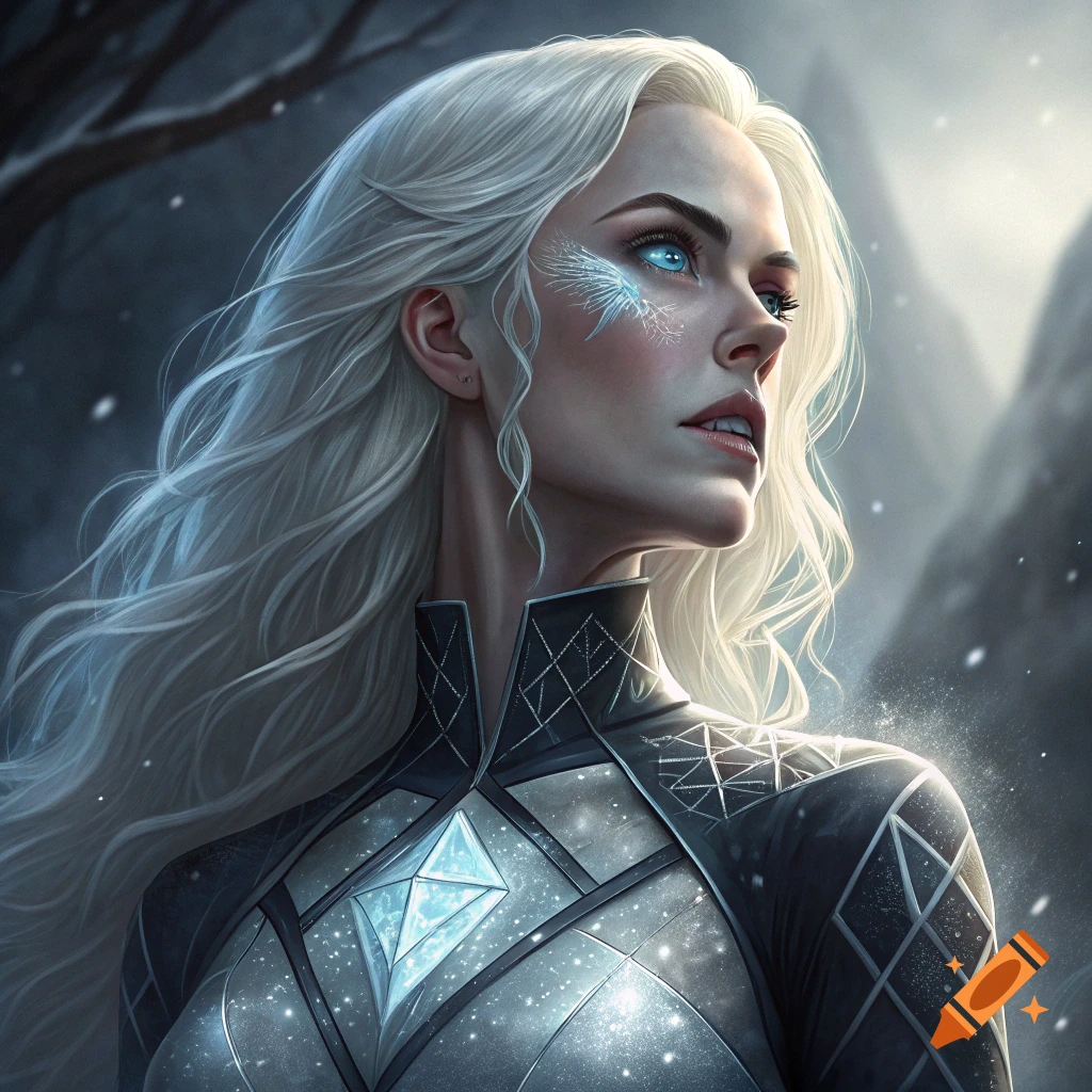 A close-up of a woman with long white hair and blue eyes, wearing a futuristic or fantasy suit, set against a snowy background.