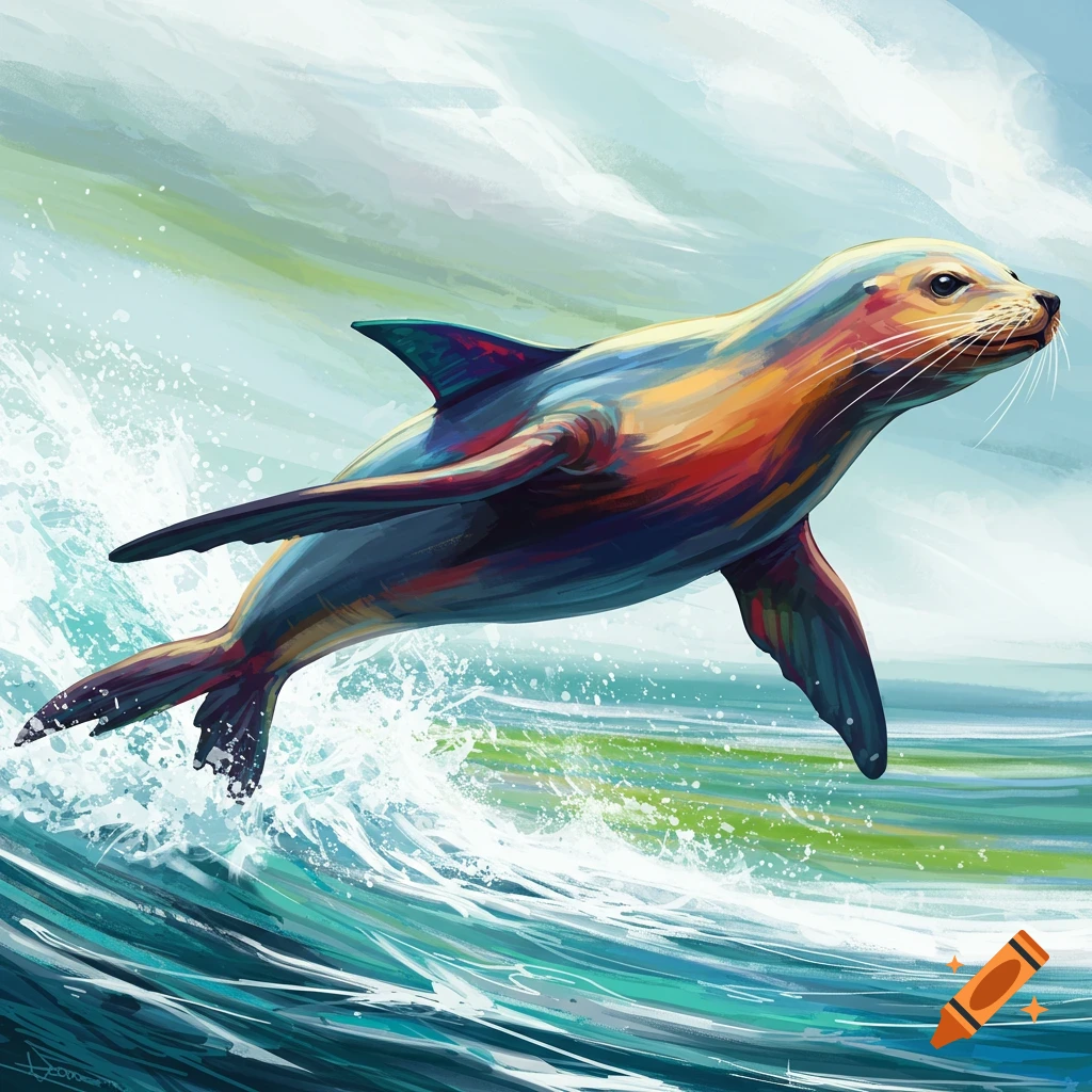 A vibrant image of a seal leaping out of a wave.