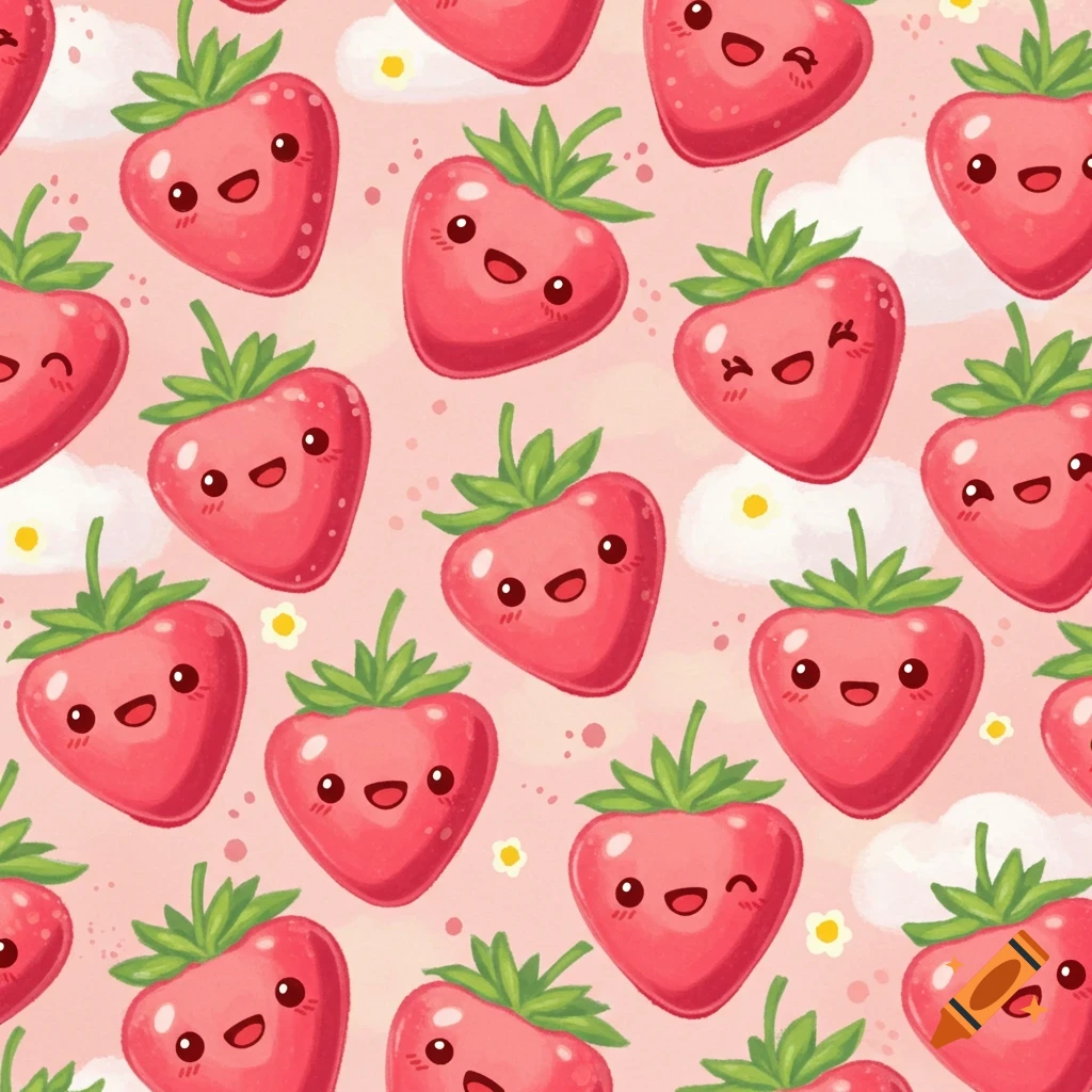 Seamless pattern of pink kawaii strawberries with faces, clouds, and flowers on a pink background.