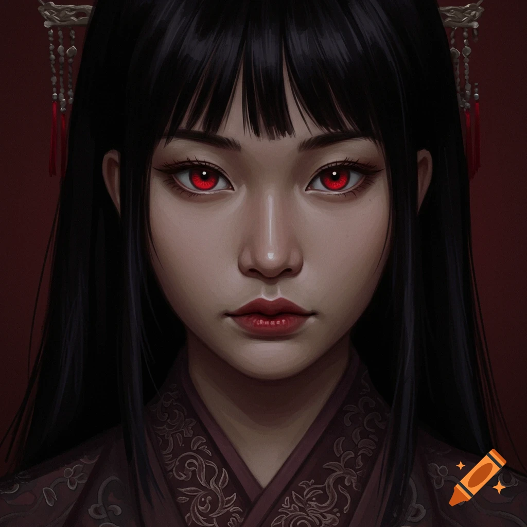 Close-up portrait of an Asian woman with red eyes, dark hair, and traditional clothing.