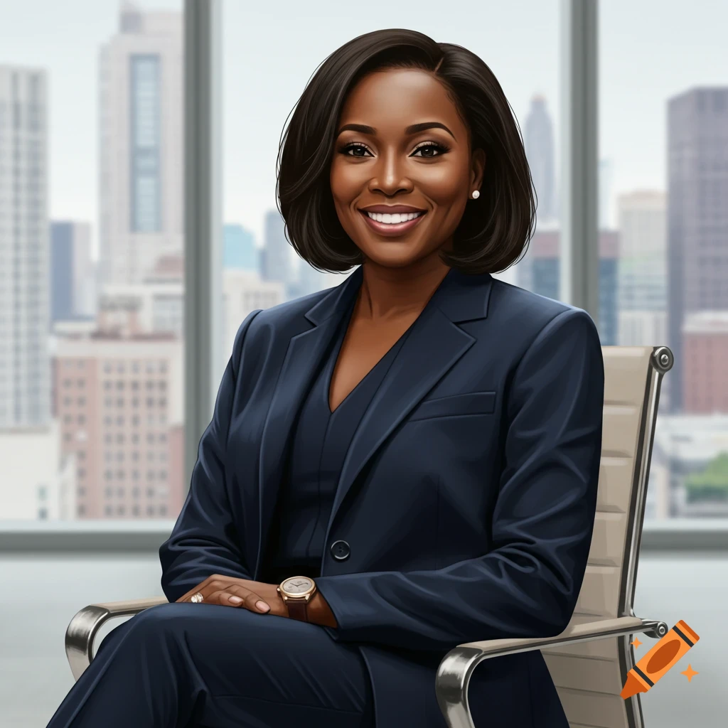 A smiling black woman in a navy business suit sits in an office chair with a city skyline in the background.