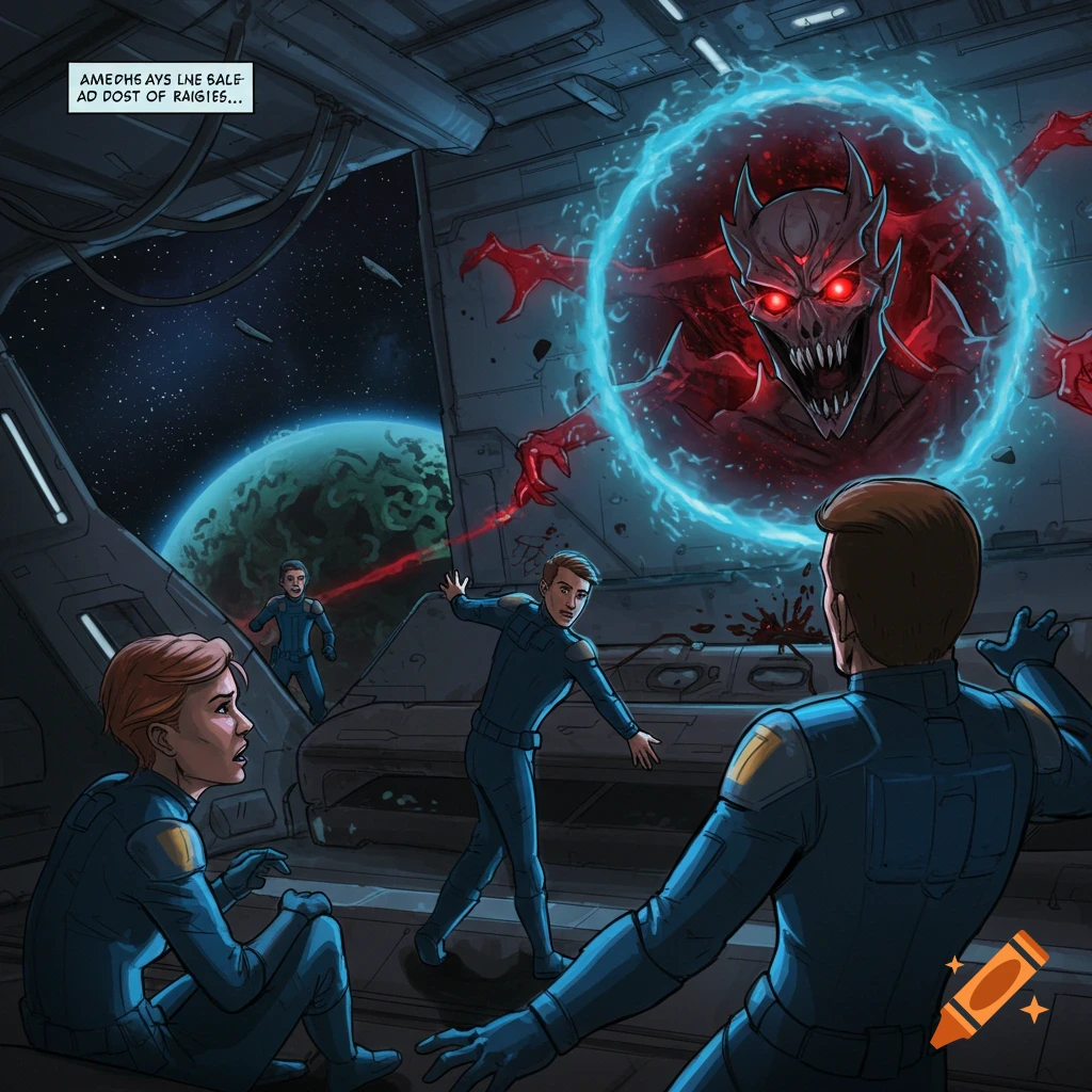 Comic book illustration of people in a spaceship confronting a red monster in a glowing portal.