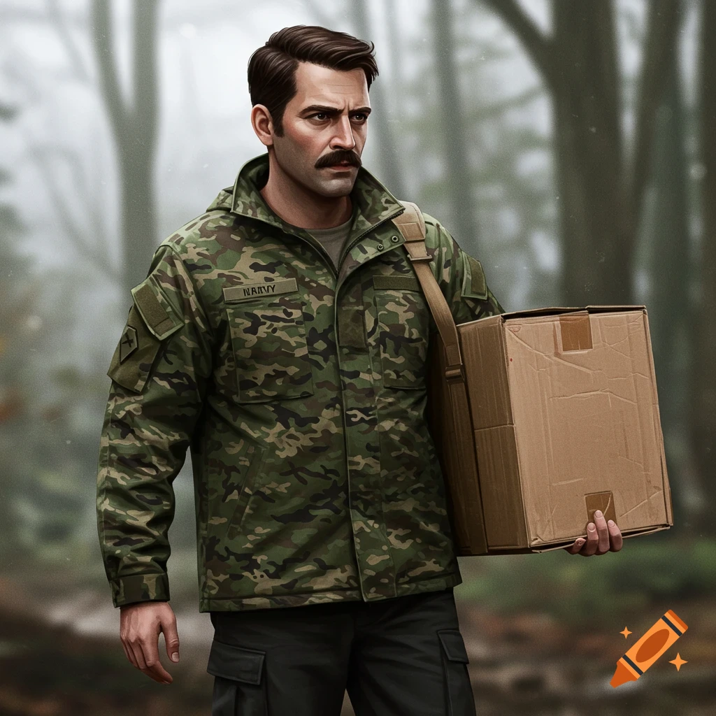 A man with a mustache in camouflage jacket carrying a cardboard box through a forest.