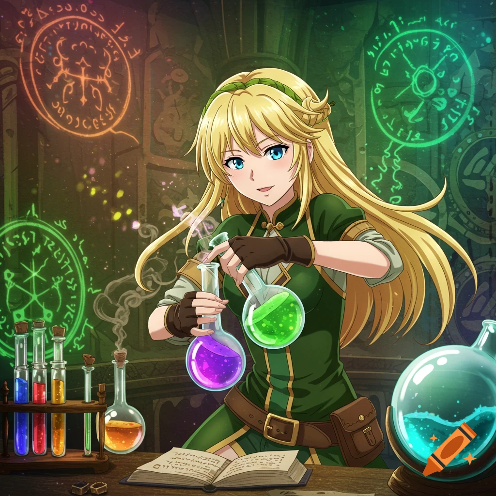 Anime woman with blonde hair in green outfit mixing colorful potions in a fantasy alchemy laboratory with magical symbols.