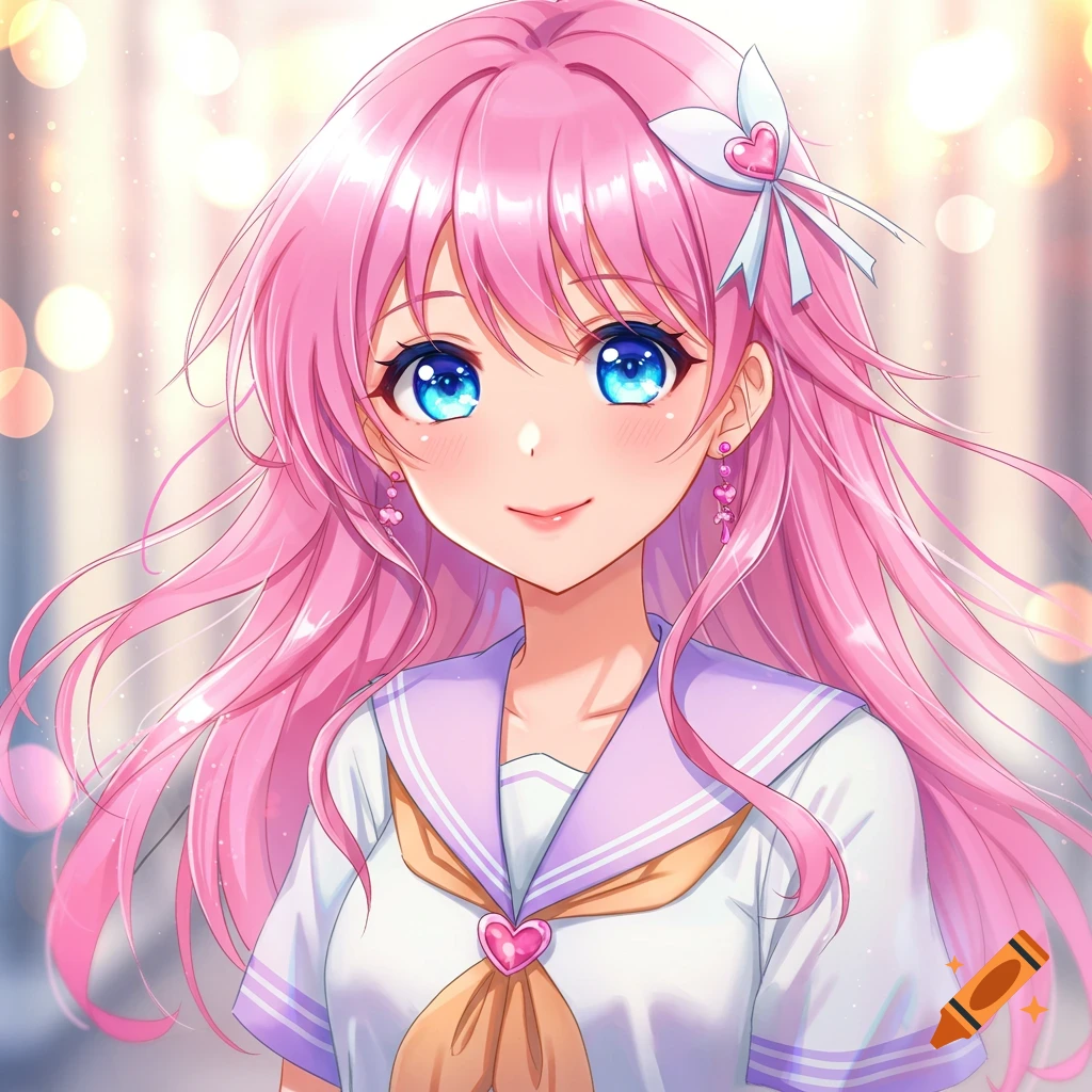 Anime portrait of a girl with pink hair and blue eyes wearing a school uniform.