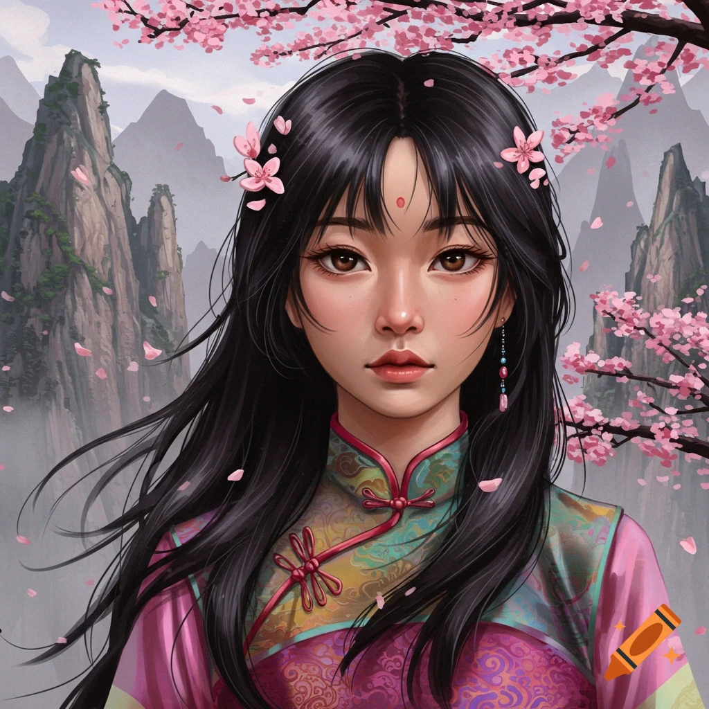 Portrait of a young woman in traditional Chinese clothing with cherry blossoms and mountains.