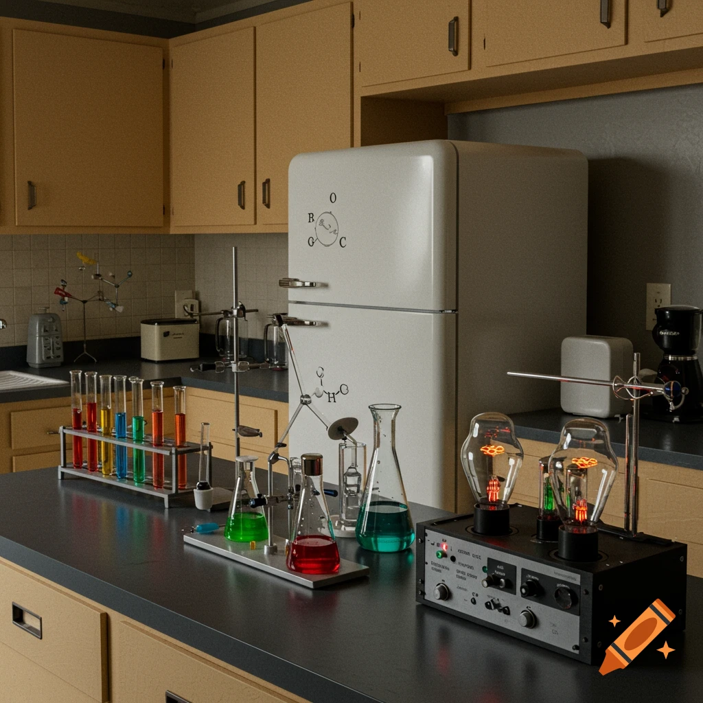 Photorealistic retro kitchen lab setup with colorful test tubes, beakers, and electronic equipment with glowing tubes.