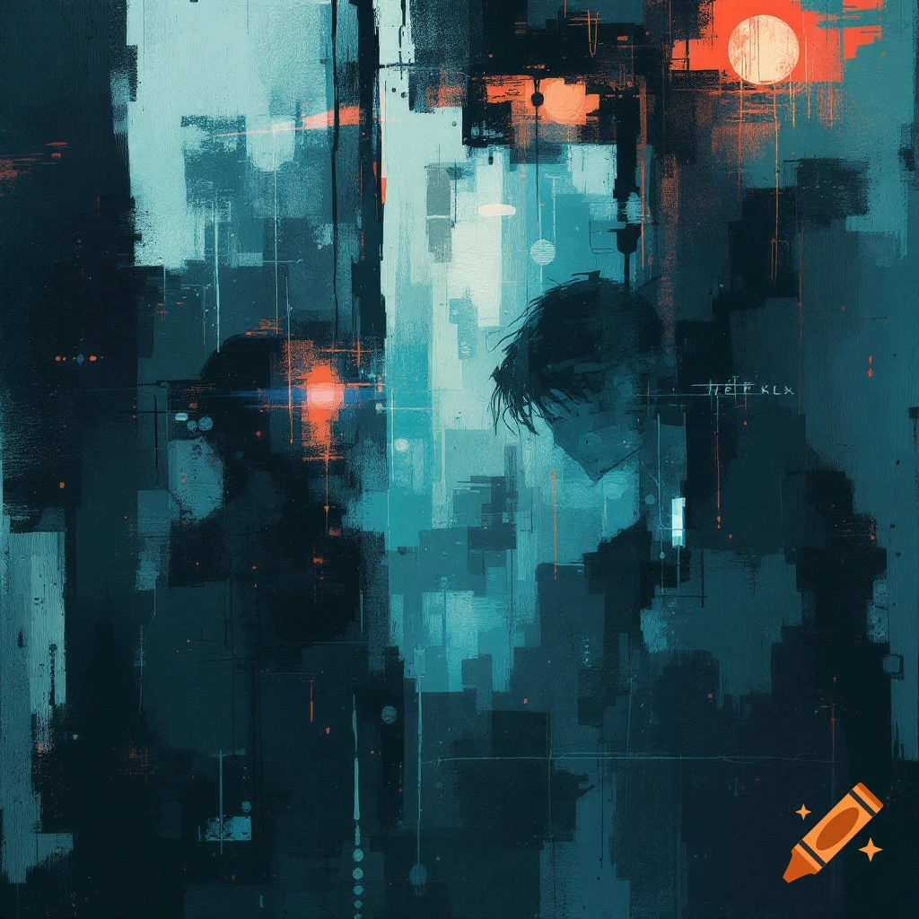 Abstract painting of silhouetted figures in a dark, moody city street at sunset