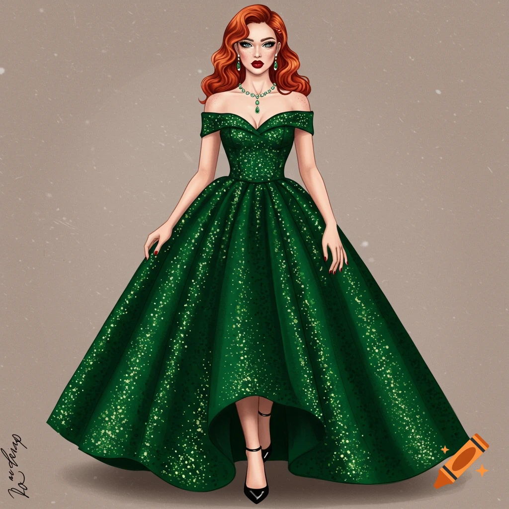 Illustration of a woman with red hair wearing a sparkly green off-shoulder gown and emerald jewelry.
