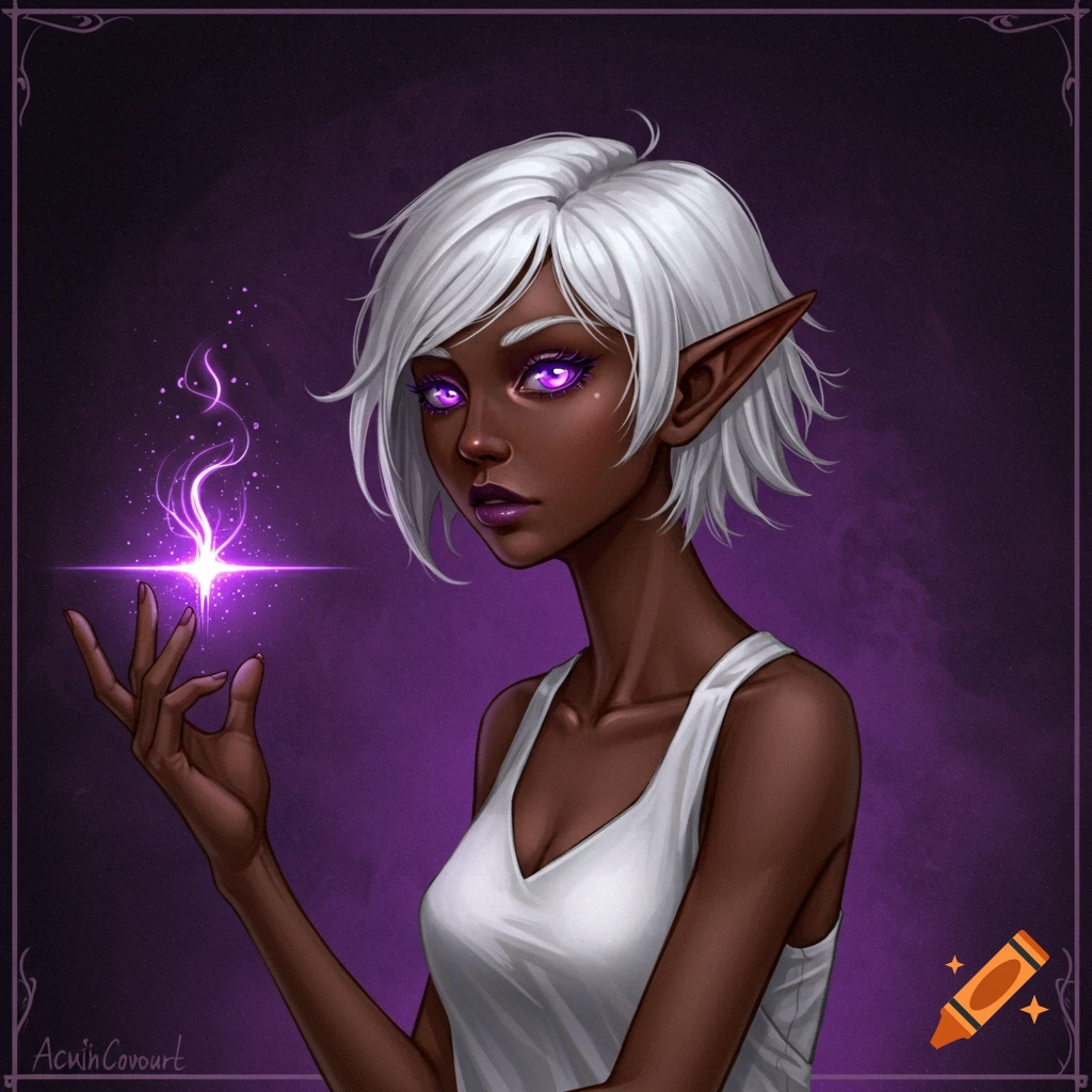 Portrait of an elf woman with white hair, dark skin, and glowing purple eyes holding purple magic.