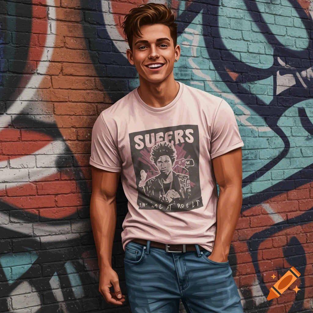 A young man leaning against a graffiti wall, wearing a t-shirt with graphics.