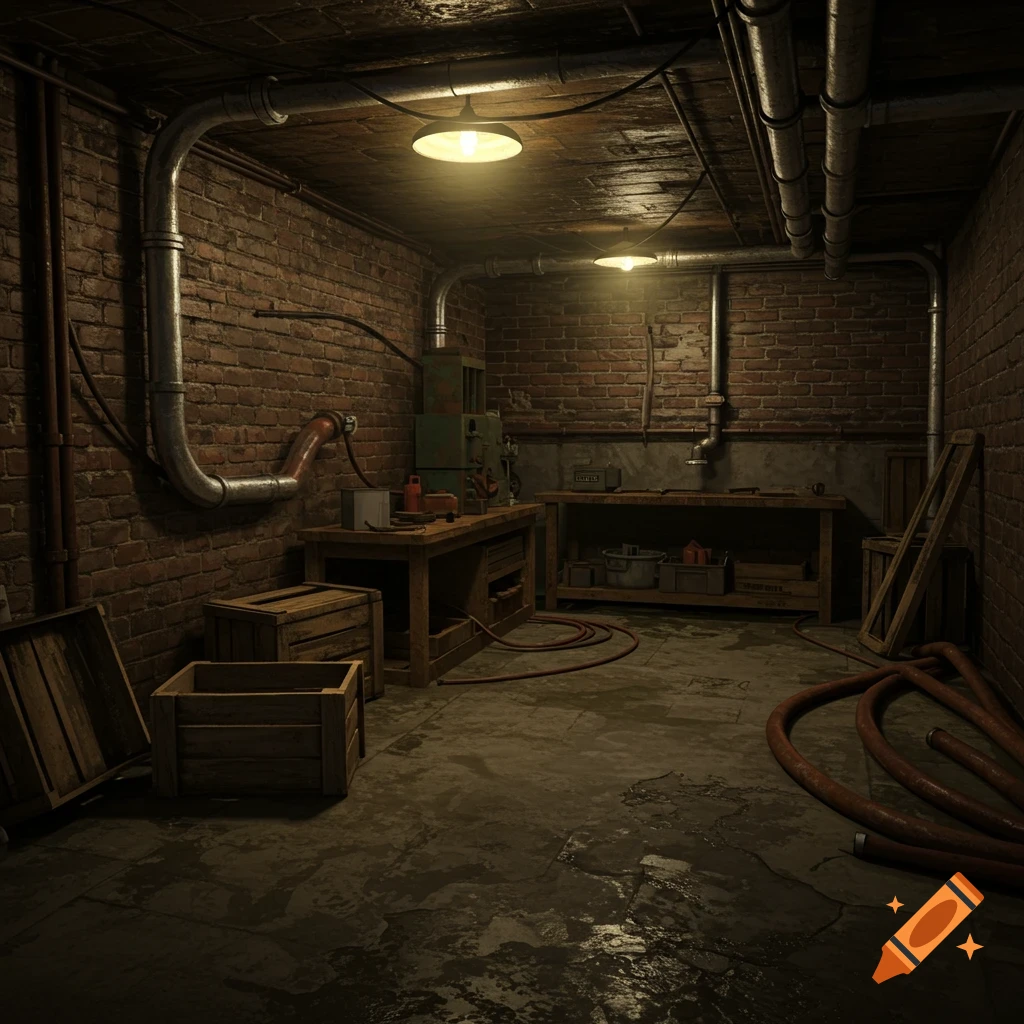 A dimly lit basement workshop with brick walls, pipes, wooden crates, workbenches, and scattered tools.