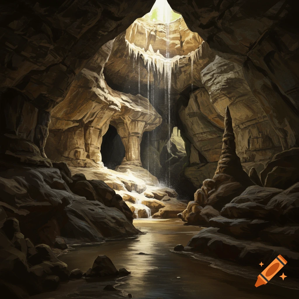 Interior view of a cave with light streaming through an opening in the ceiling, creating a waterfall into a pool below.