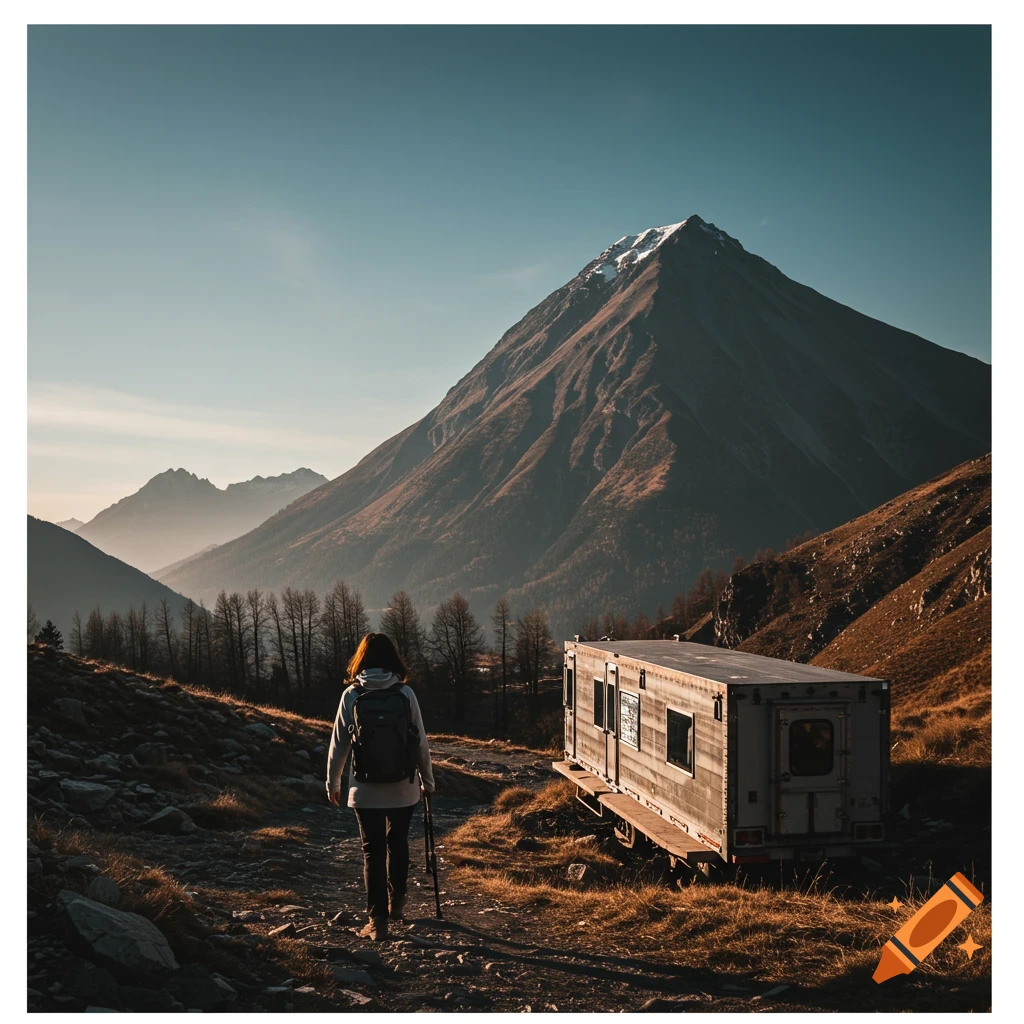 A person with a backpack walks towards a mountain peak beside a large trailer on a dirt path.