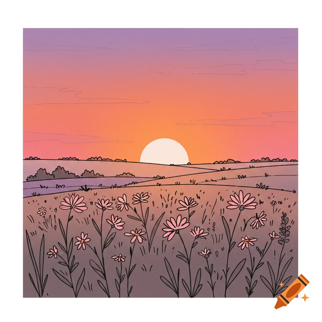 A simple drawing of a field of flowers at sunset.