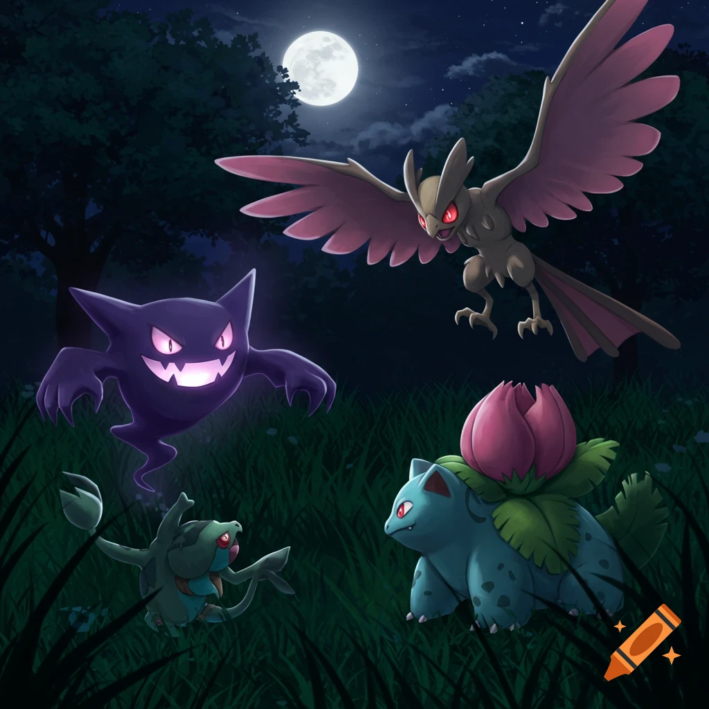 Pokemon battle at night with Haunter, Ivysaur, Noctowl, and Dartrix under a full moon.