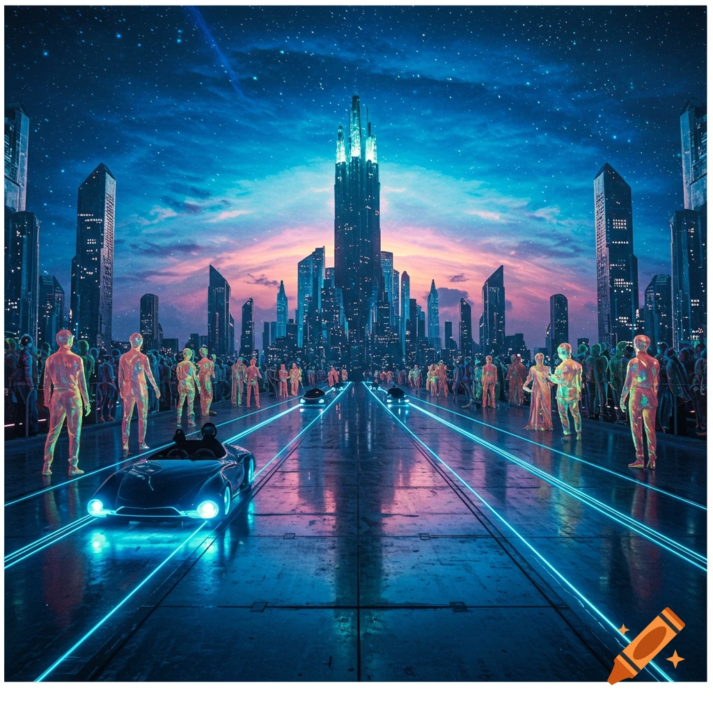 A futuristic city street at night with stylized people, sleek cars, and glowing blue lines under a starry sky with a vibrant horizon.
