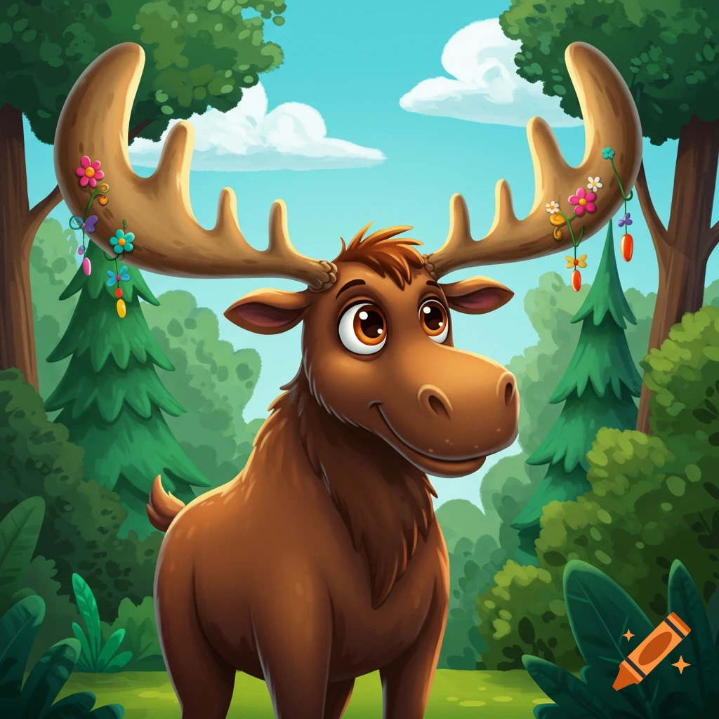 A cartoon moose with decorated antlers stands in a forest.