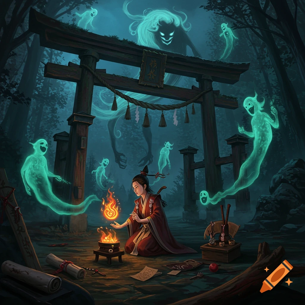 A Japanese folklorist performs a ritual under a torii gate, surrounded by glowing spirits in a dark forest.