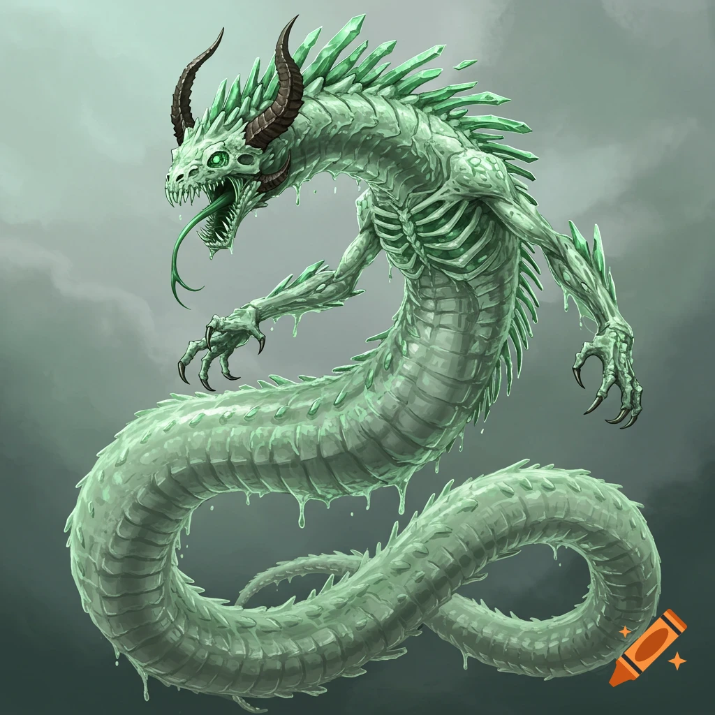 A translucent green ooze serpent monster with visible ribcage, claws, horns, and green crystals on its back, against a grey background.