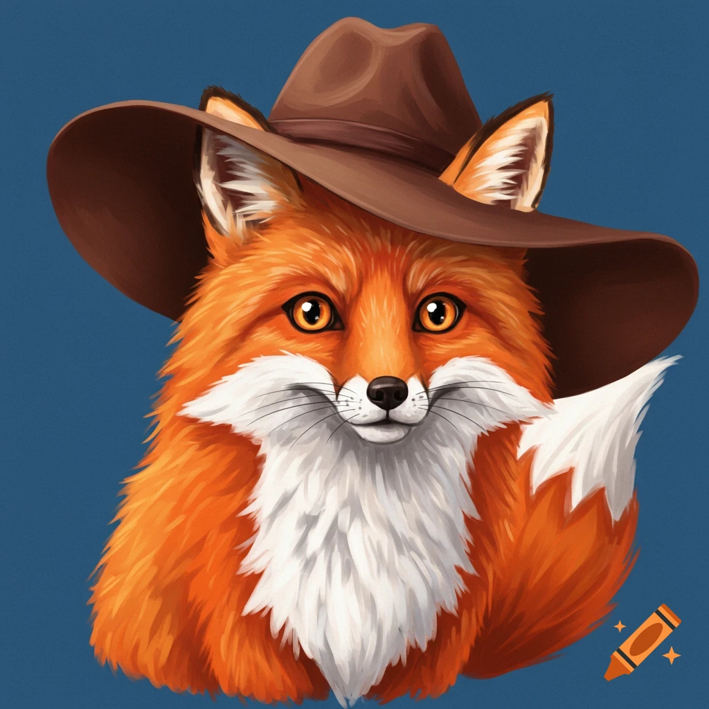 A cartoon fox wearing a brown cowboy hat