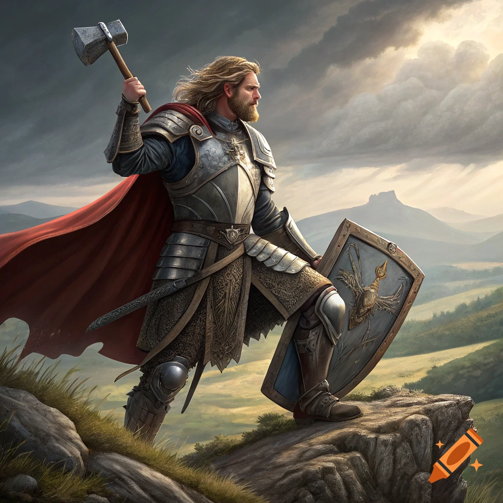 A knight in full armor stands on a cliff holding a hammer and shield, overlooking a landscape. Fantasy art.