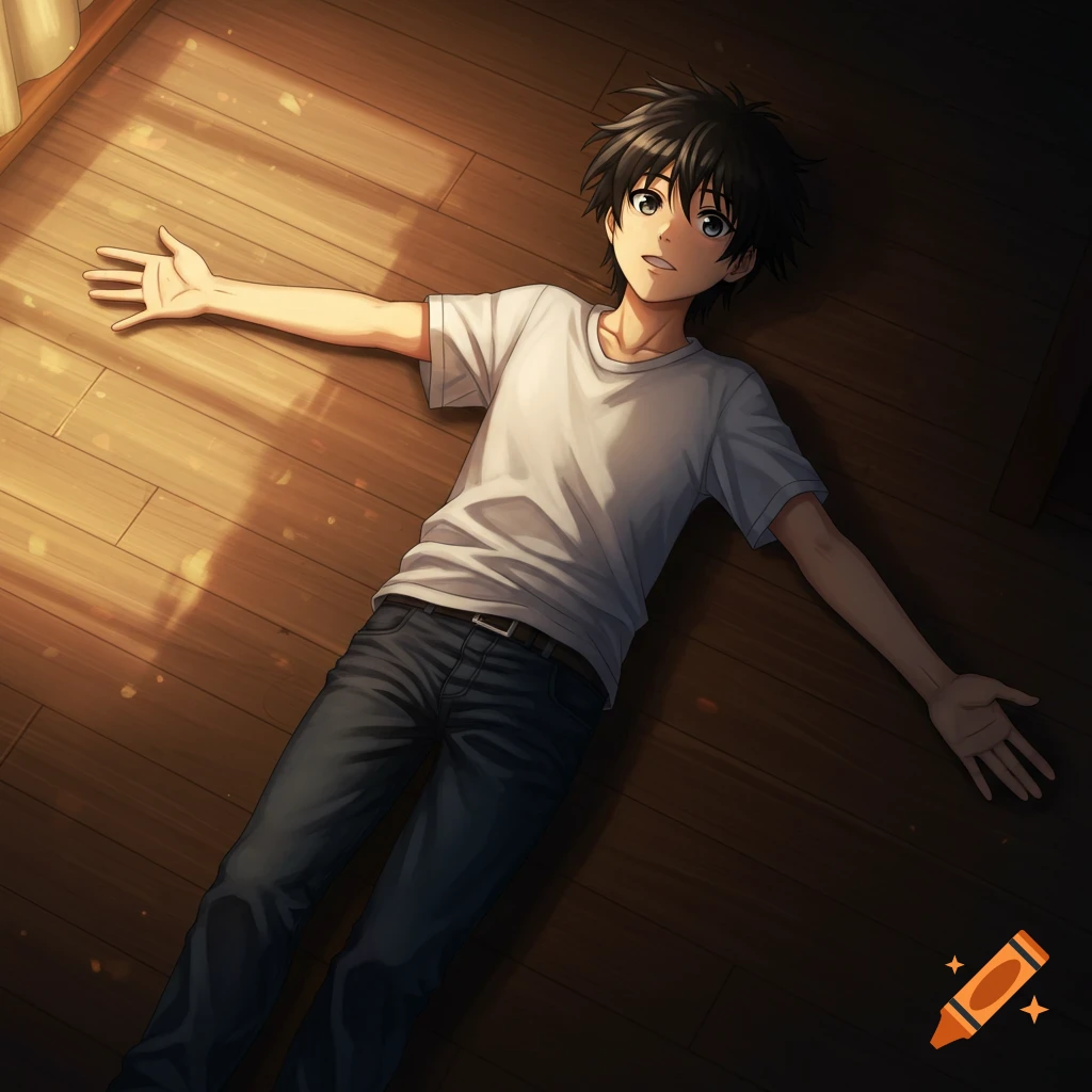 Anime boy laying on a wooden floor with outstretched arms in sunlight.