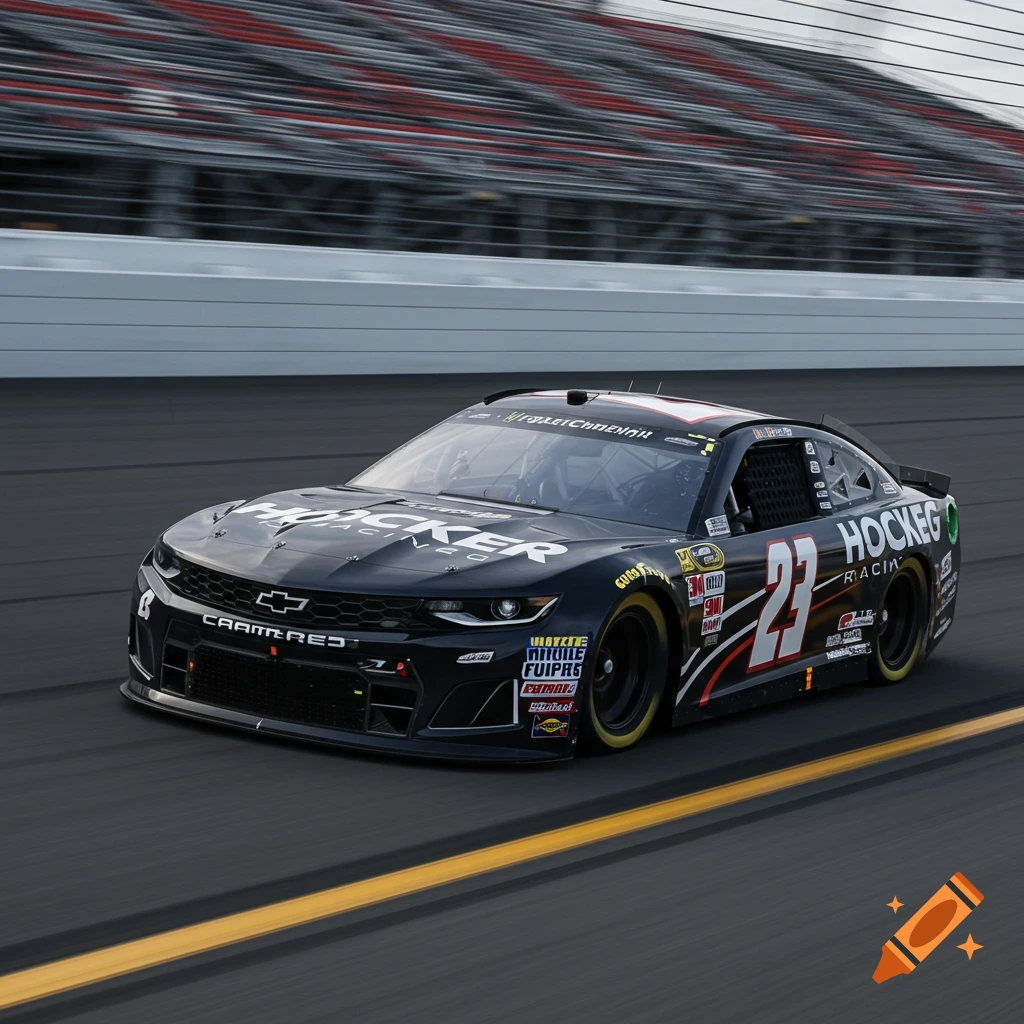 A black NASCAR race car with sponsor logos and the number 23 races on a track.
