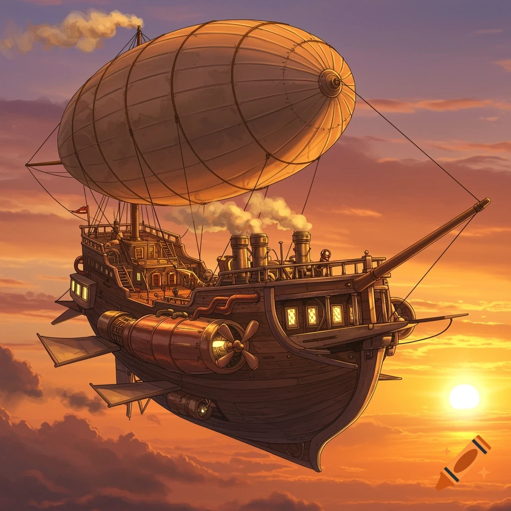 A detailed steampunk airship flies through a cloudy orange sky at sunset.