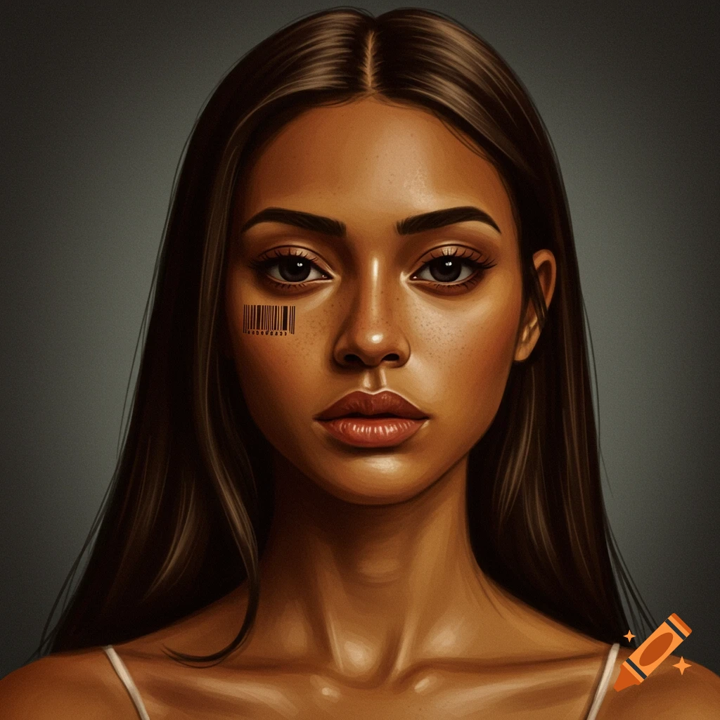 A woman with long brown hair and a barcode on her cheek.