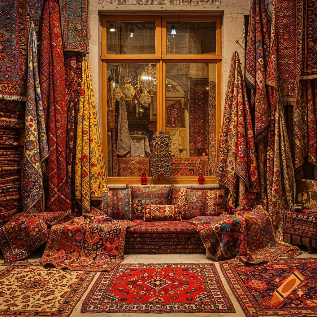 An interior view of a shop filled with colourful Turkish rugs, fabrics, and pillows.