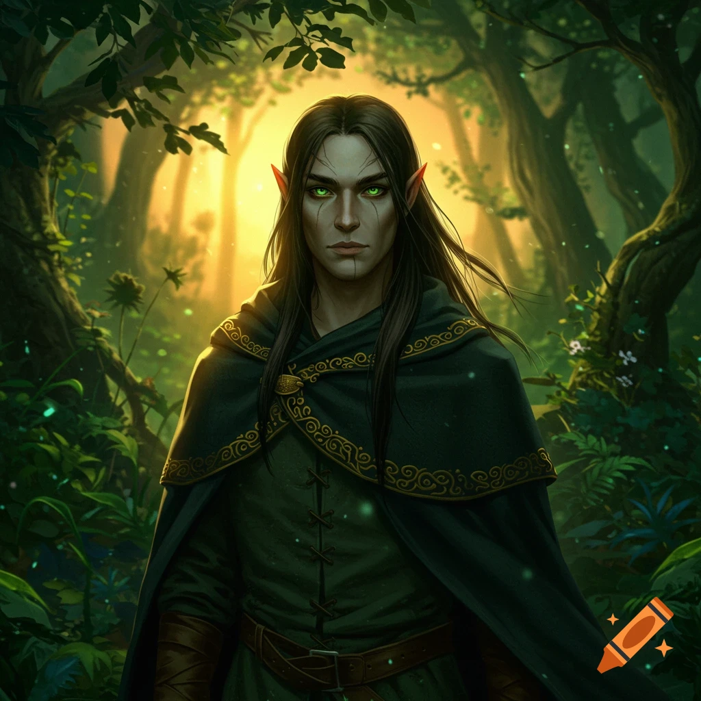 A fantasy portrait of an elf druid with green eyes, dark hair, and a dark cloak with yellow accents stands in a sunlit forest.
