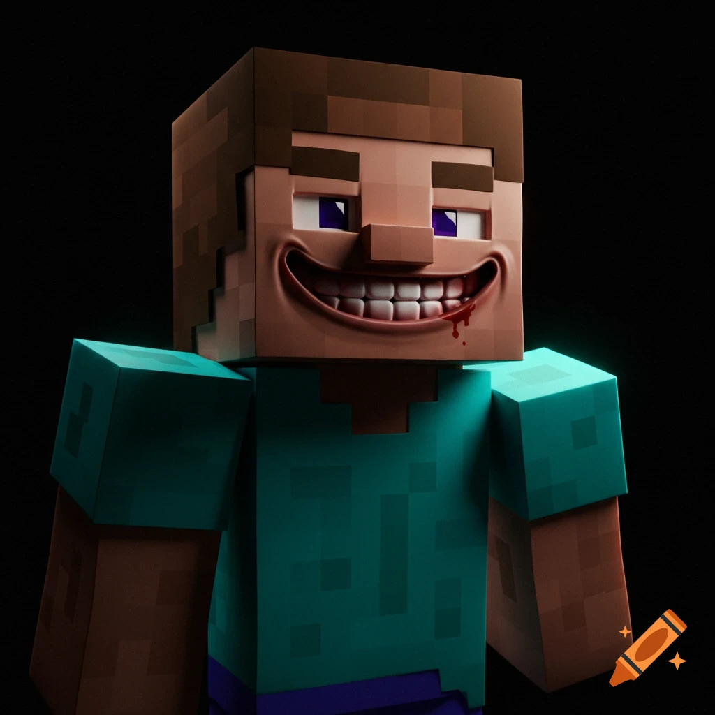 Minecraft Steve with a menacing smile and blood on his mouth, 3D rendering