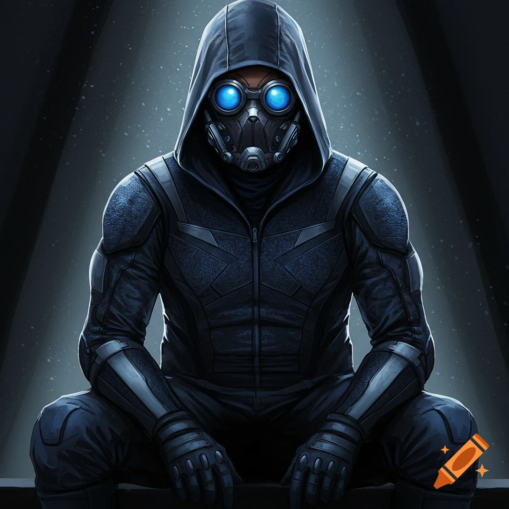 A person in a dark, hooded sci-fi suit with a mask and glowing blue goggles sits in the dark.