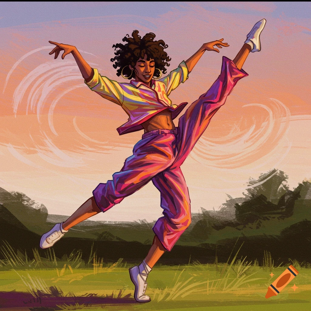 Illustration of a person dancing with a leg kick against a sunset sky.