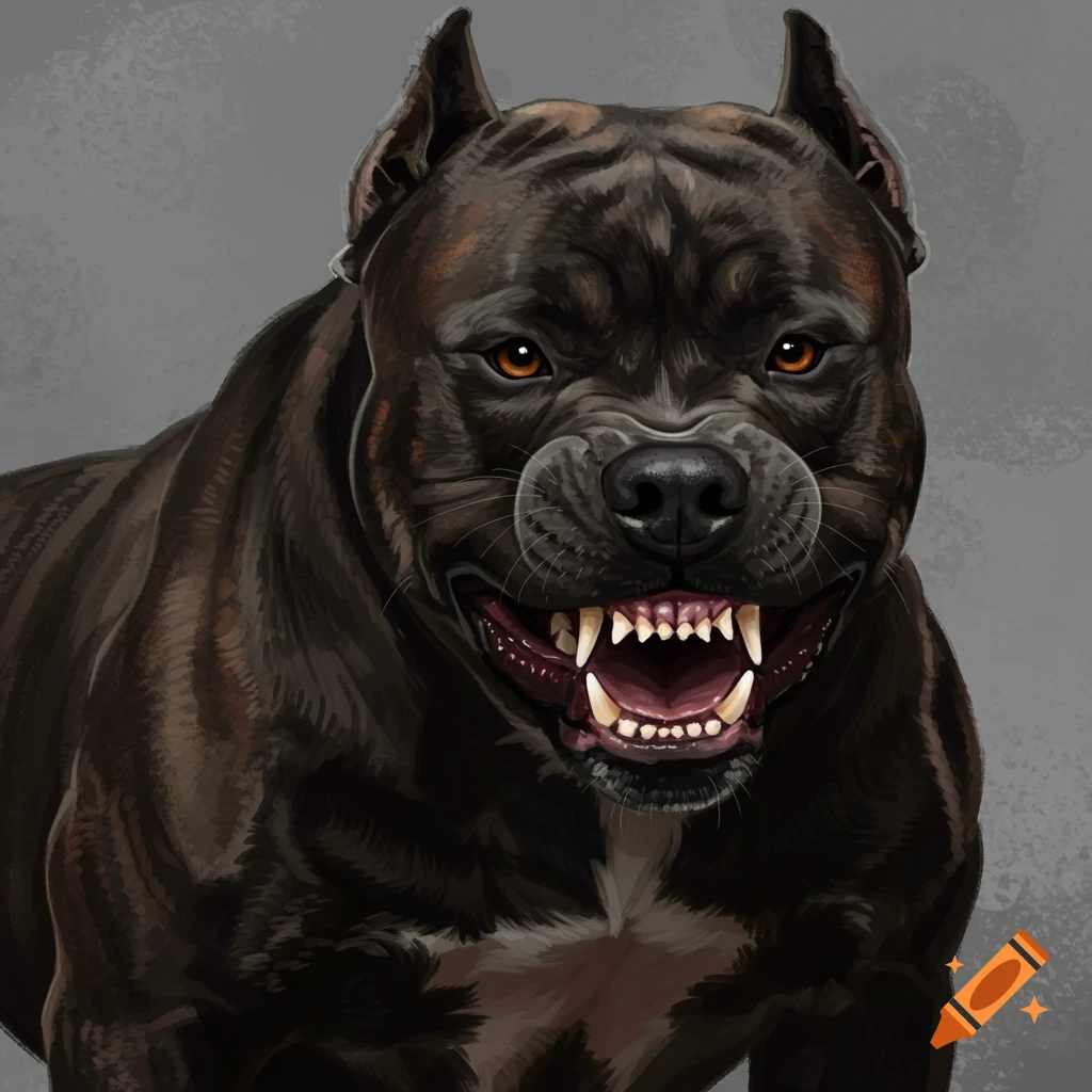 Close-up illustration of an aggressive black pit bull with bared teeth.