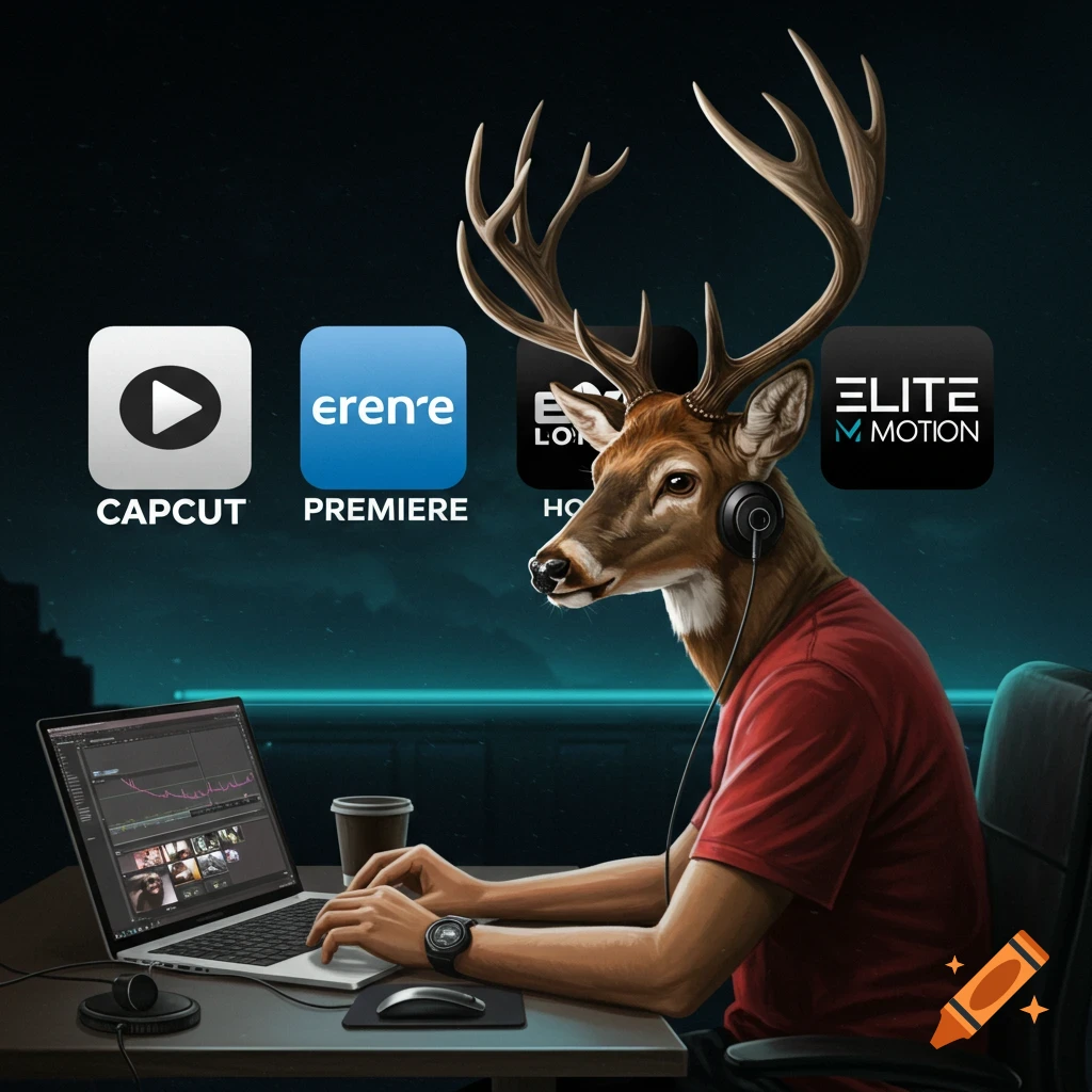 A deer wearing headphones sits at a desk with a laptop, editing video. App icons are in the background.