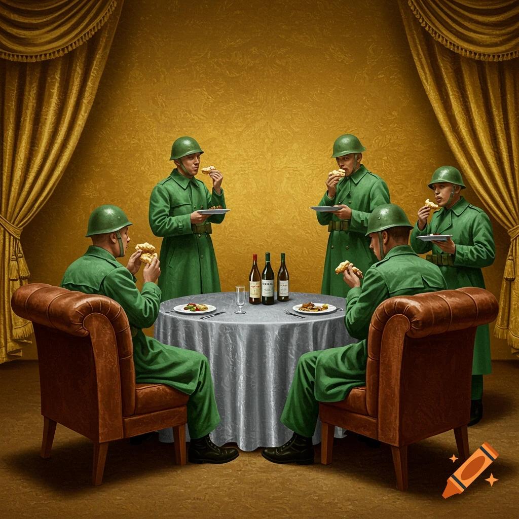 Soldiers in green coats and helmets eating around a table in an ornate gold room.