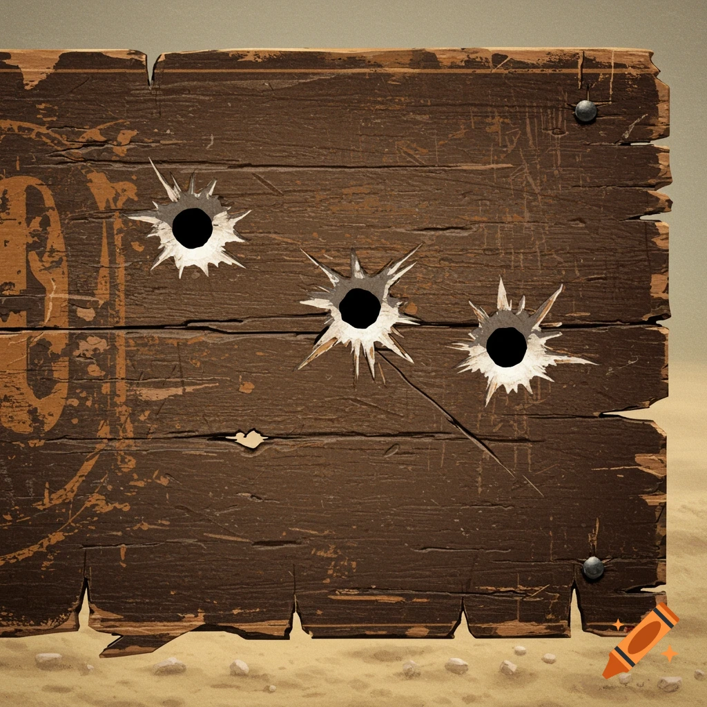 Three bullet holes pierce a distressed wooden sign standing in sand.