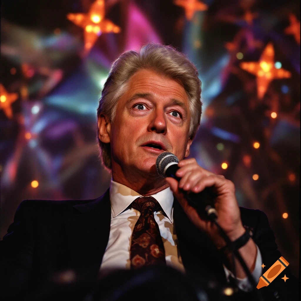 Portrait of Bill Clinton speaking into a microphone on a stage with star lights behind him.
